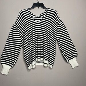A Loves A Women's sweater Wool Blend V Neck White-black Striped Long Sleeve SZ L